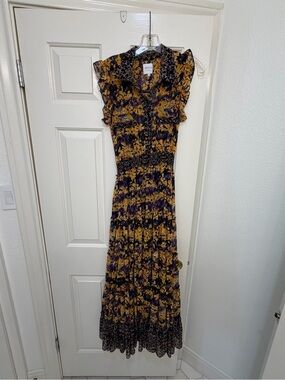 Misa Los Angeles Purple and Yellow Floral Ruffle Maxi Dress
